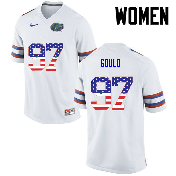 Women Florida Gators #97 Jon Gould College Football USA Flag Fashion Jerseys-White